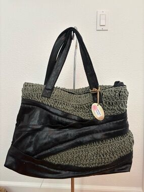 Textured Olive Knit Tote with Black Trim